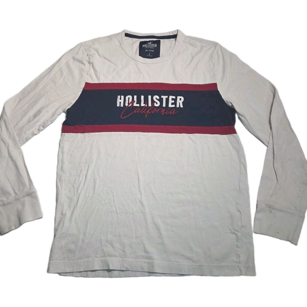 Hollister Long Sleeve T-Shirt Mens Small White Colorblock Graphic Spellout Tee